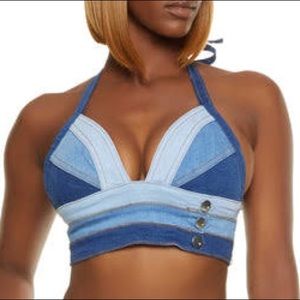 Rainbow Color Block Denim Halter Top